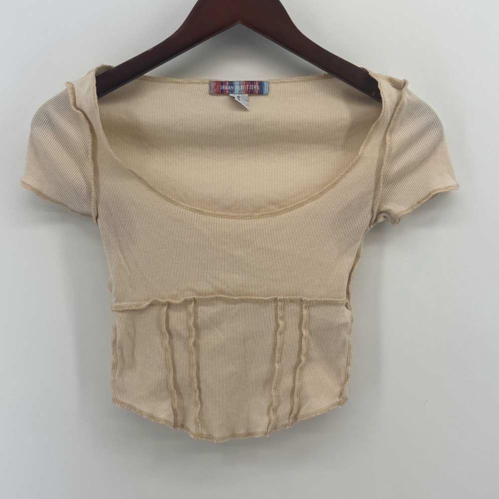 Urban Outfitters Beige Ribbed Corset Crop Top Short Sleeve‎ Exposed Seam Small